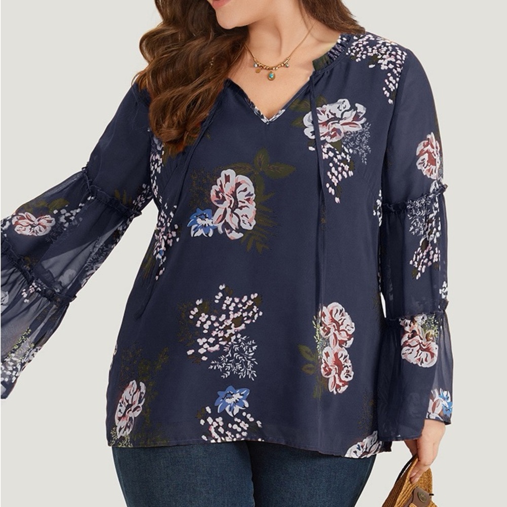 BloomChic Blue Floral Bell Sleeve Sheer Overlay Blouse Plus Size 5X 28